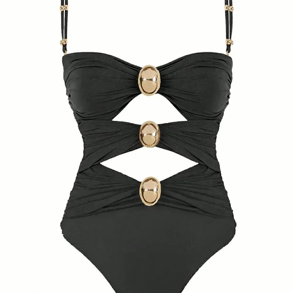 Black Sexy Women's Colorblock Hollow Out One Piece Swimsuit